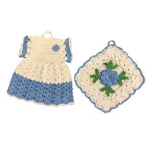 Vintage Crochet Potholder Set Blue White Dress Floral Handcrafted Kitchen Decor